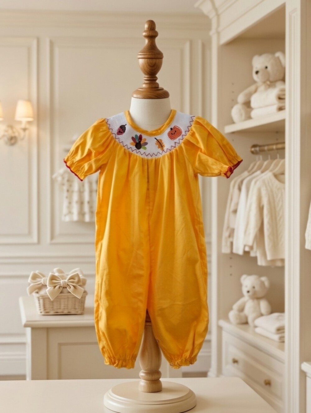 Rylee Faith Designs Smocked Fall Pumpkin Romper | Sizes 6M